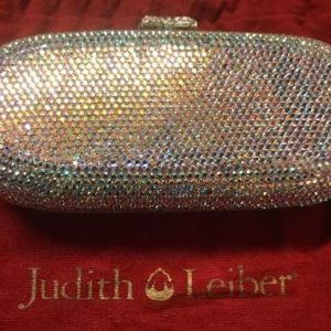 Judith Leiber  Minaudière Evening Silver Crystals Clutch